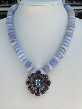 Statement Blue Lace Agate Necklace. Vintage Converted Pendant | Handmade Jewelry